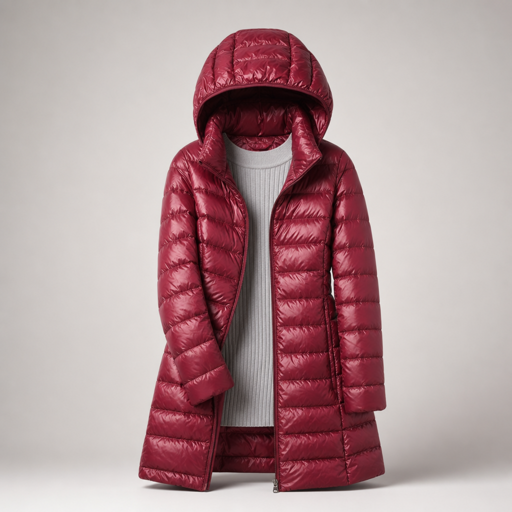 Women’s Long Puffer Jacket with Hood Red