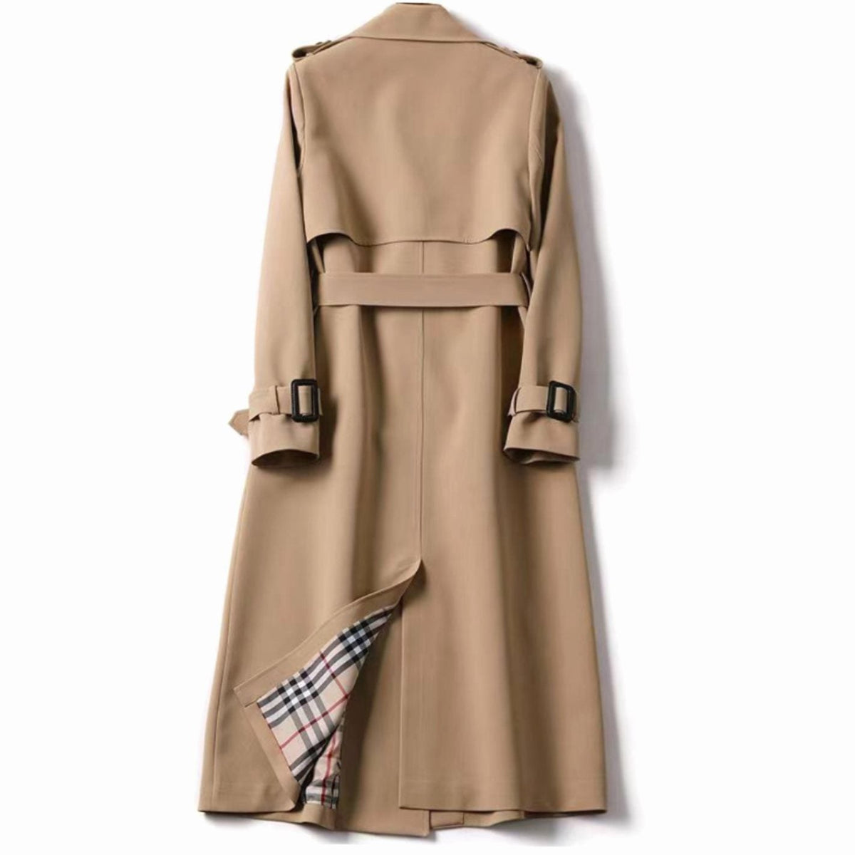 Women’s Long Trench Coat with Belt and Plaid Lining 1