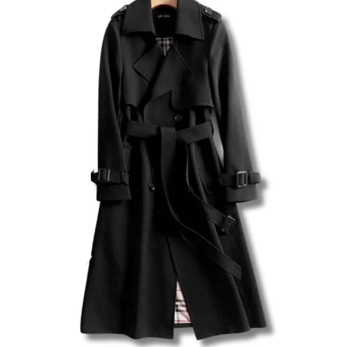 Women’s Long Trench Coat with Belt and Plaid Lining Black
