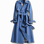 Women’s Long Trench Coat with Belt and Plaid Lining Blue