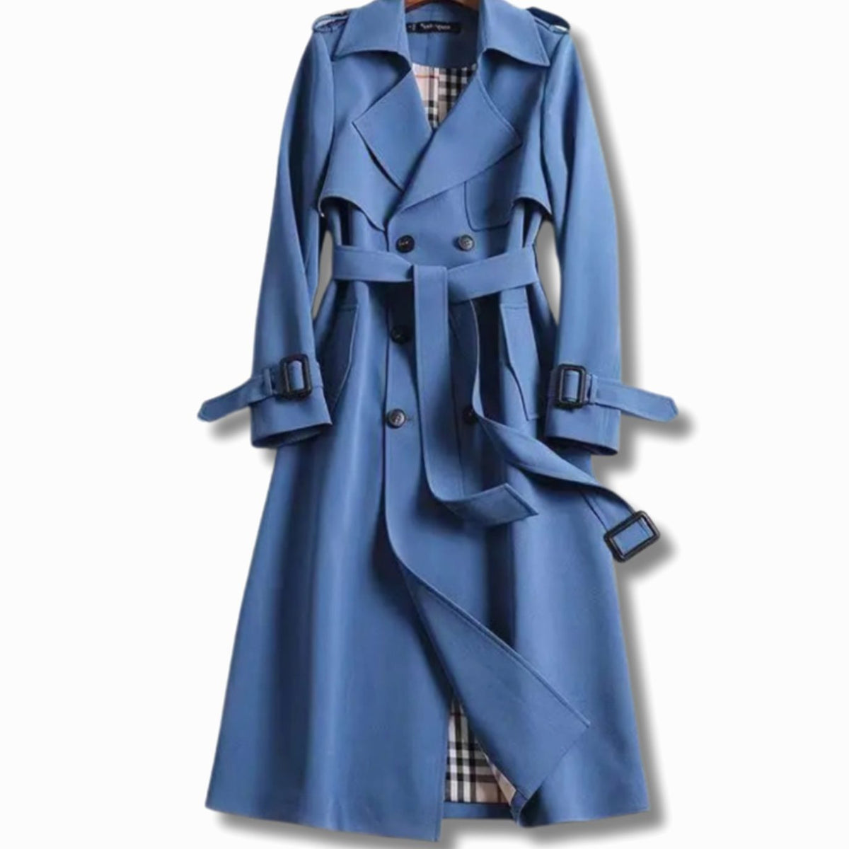 Women’s Long Trench Coat with Belt and Plaid Lining Blue