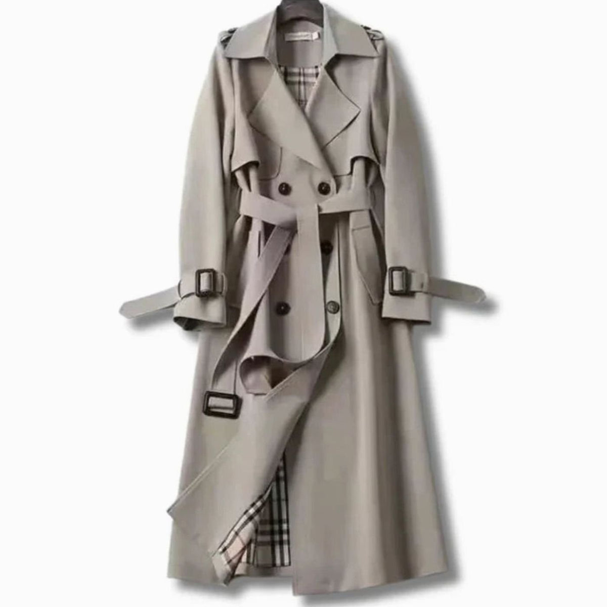 Women’s Long Trench Coat with Belt and Plaid Lining Gray