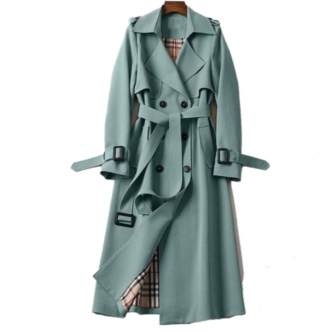 Women’s Long Trench Coat with Belt and Plaid Lining Green
