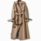 Women’s Long Trench Coat with Belt and Plaid Lining Khaki