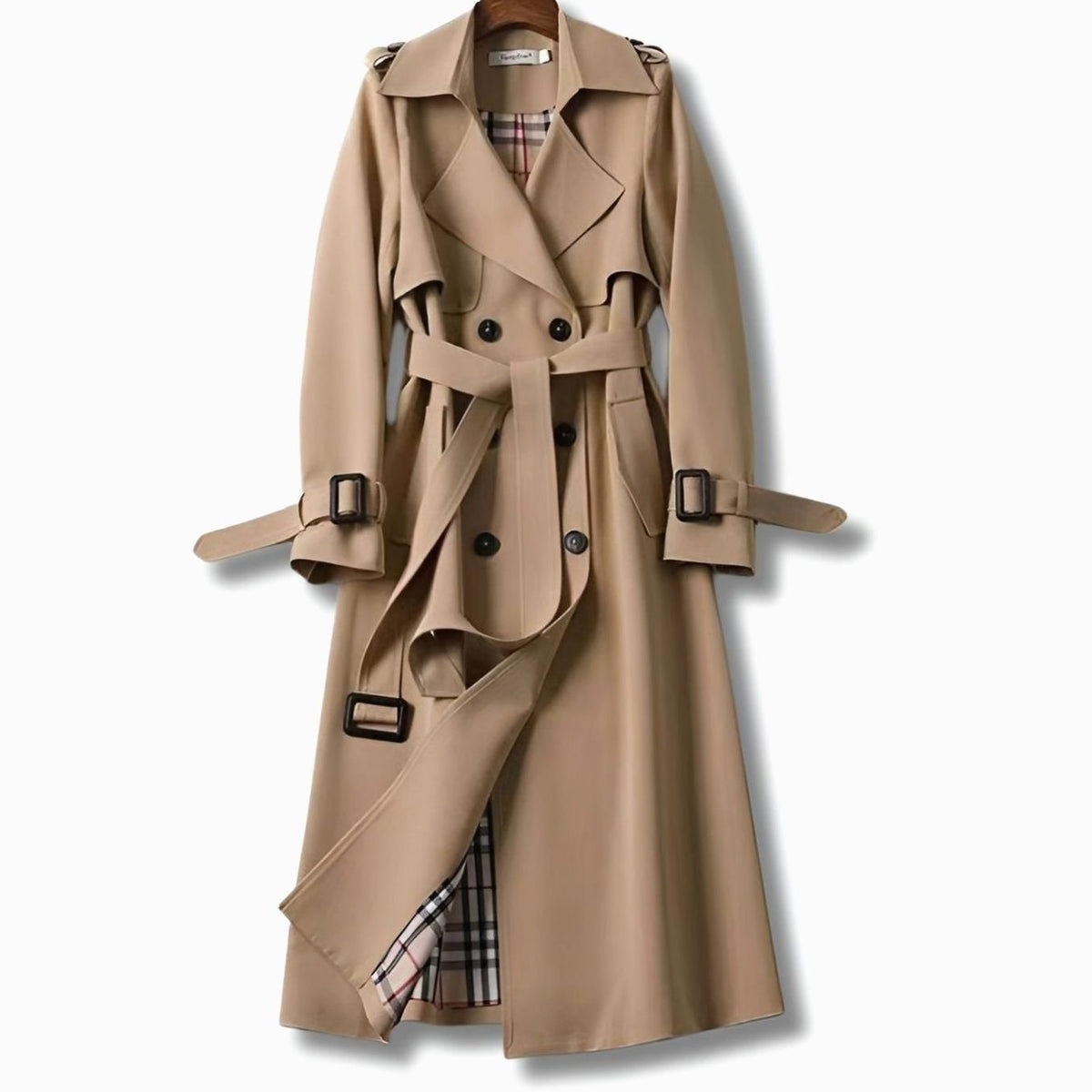 Women’s Long Trench Coat with Belt and Plaid Lining Khaki