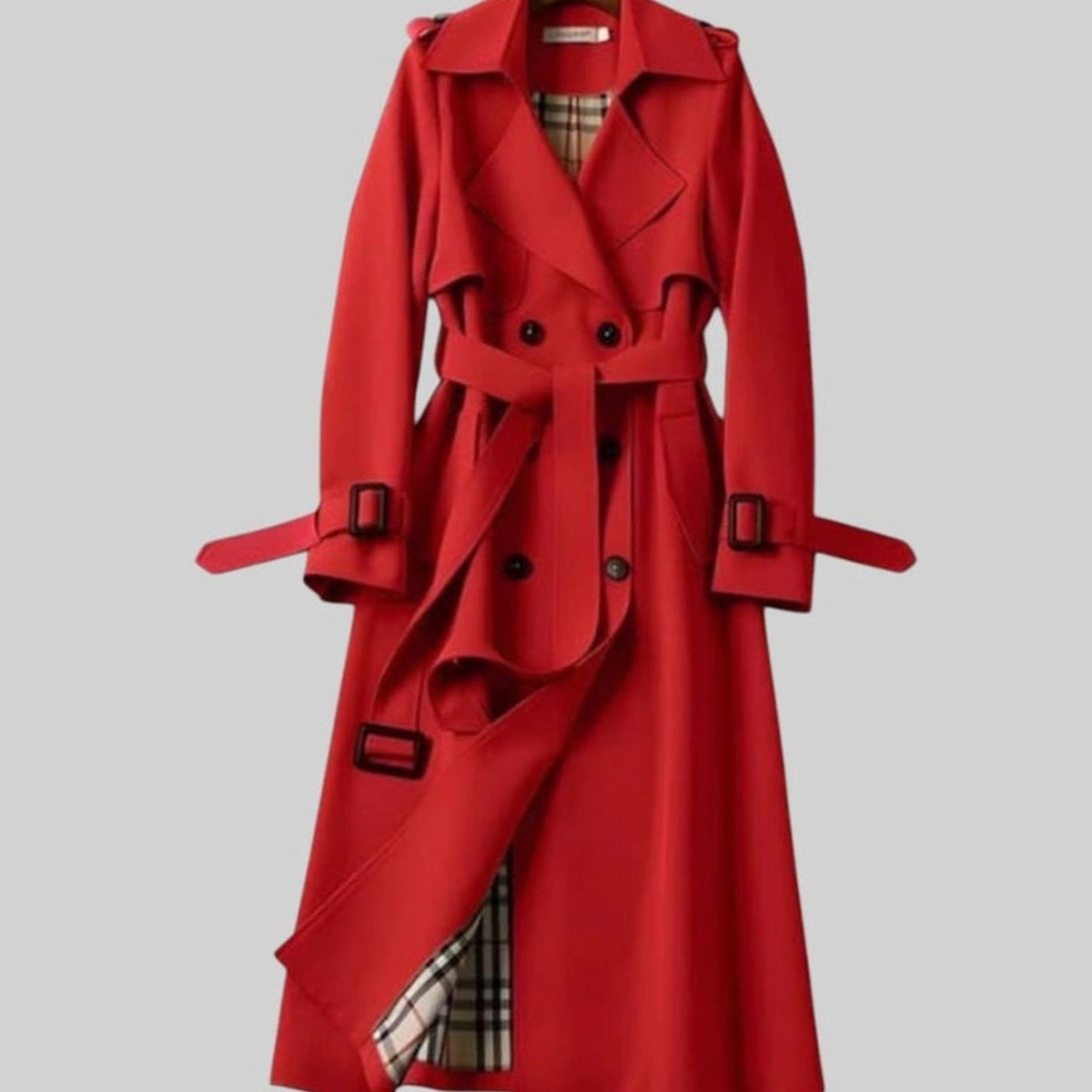 Women’s Long Trench Coat with Belt and Plaid Lining Red