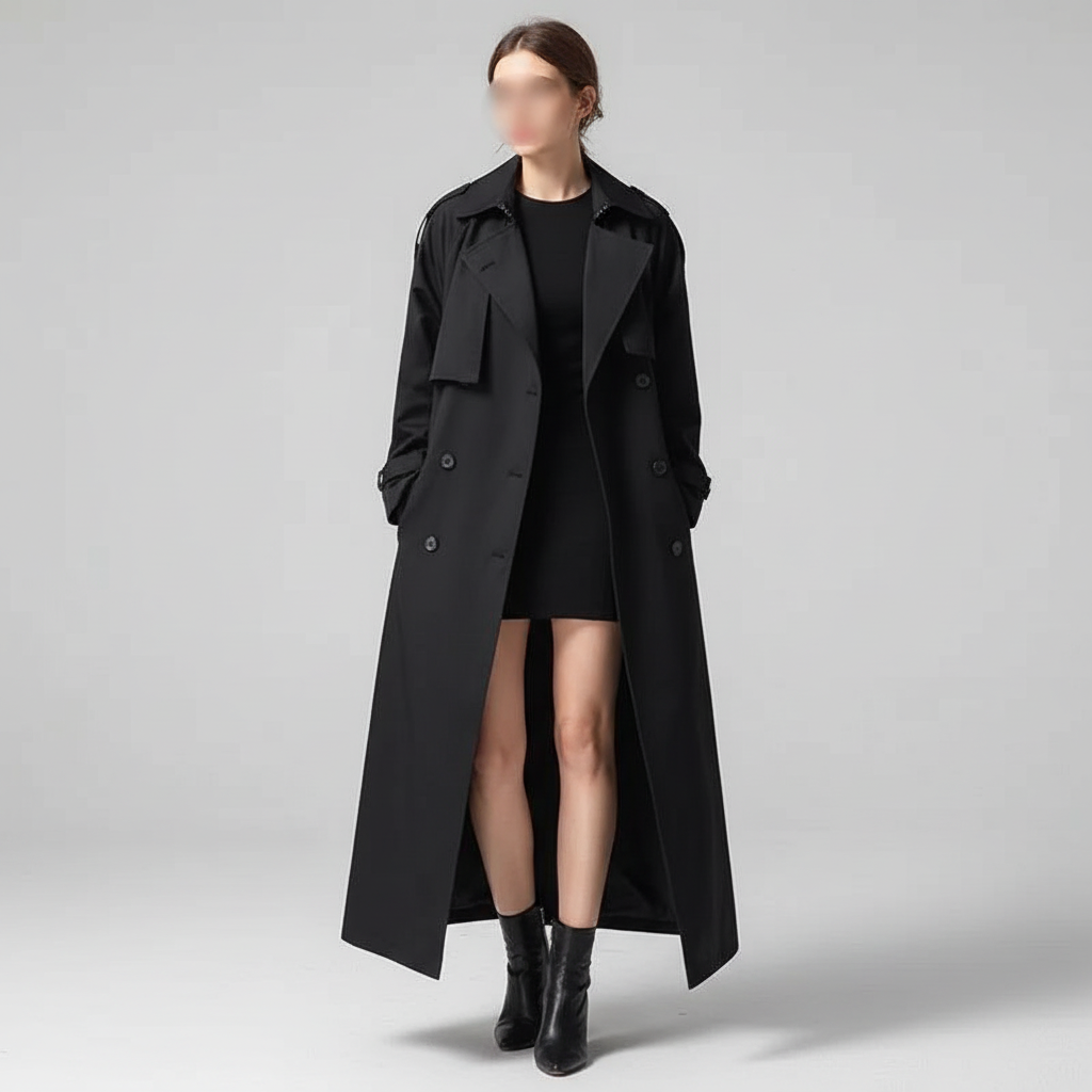 Women’s Long Trench Coat with Button Closure Black