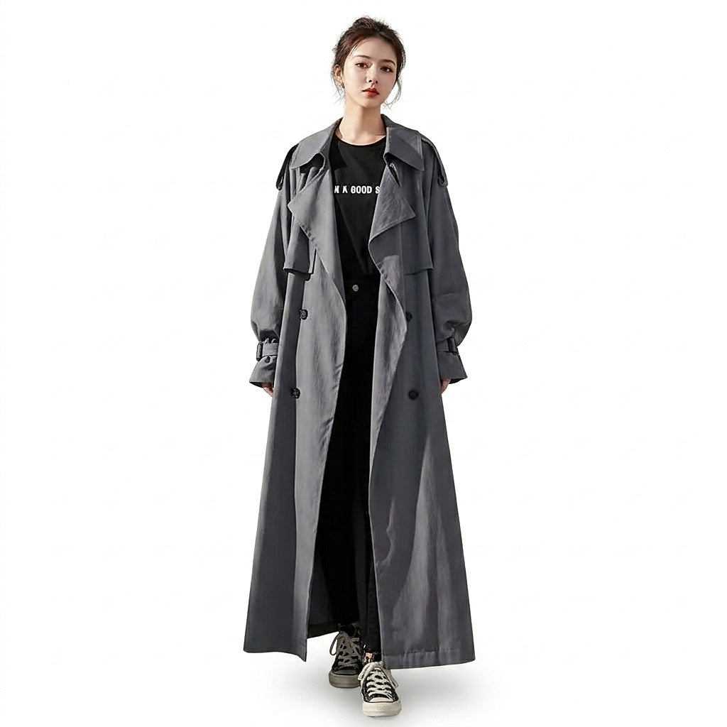 Women’s Long Trench Coat with Button Closure Grey