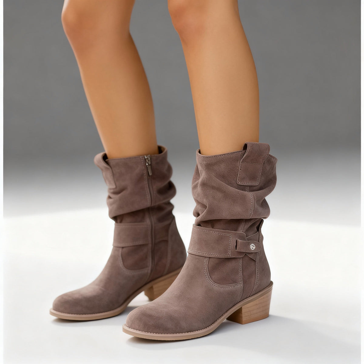Women’s Mid-Calf Slouch Boots with Side Zip Alabaster Beige