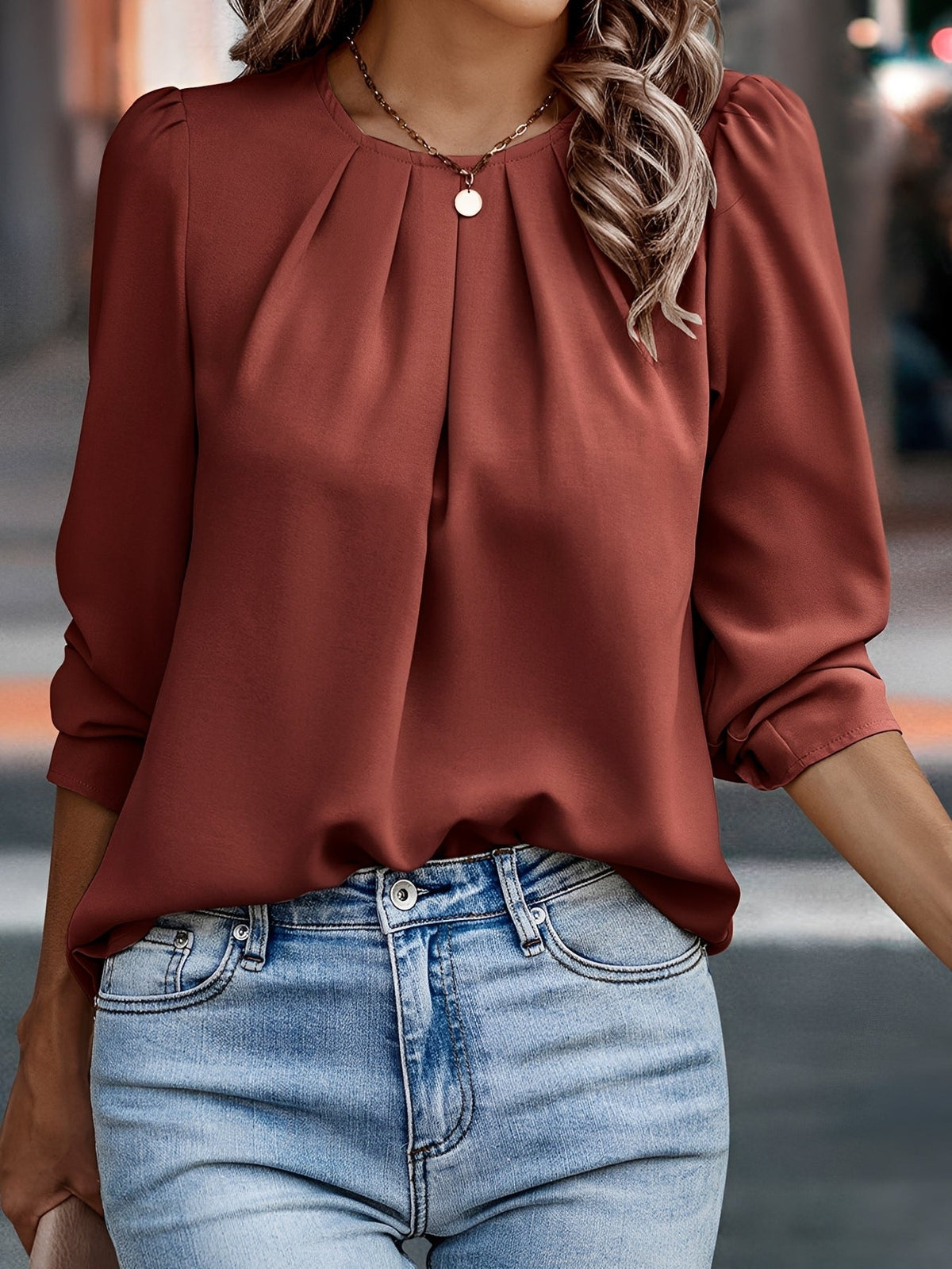 Women’s Pleated Round Neck Blouse Brown