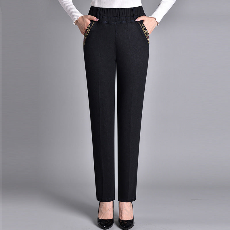 Women’s Straight Leg Denim Trousers with Elastic Waist Black