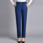 Women’s Straight Leg Denim Trousers with Elastic Waist Dark Blue
