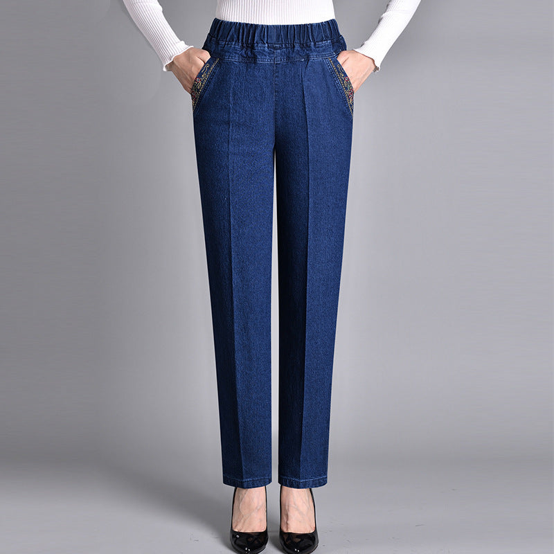 Women’s Straight Leg Denim Trousers with Elastic Waist Dark Blue