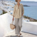 Women’s Striped Blouse and Wide Leg Trousers Set Beige