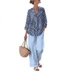 Women’s Striped Blouse and Wide Leg Trousers Set Blue