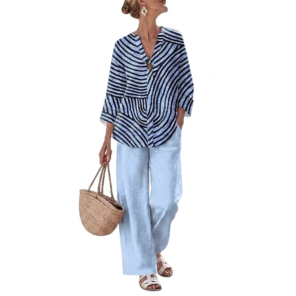 Women’s Striped Blouse and Wide Leg Trousers Set Blue