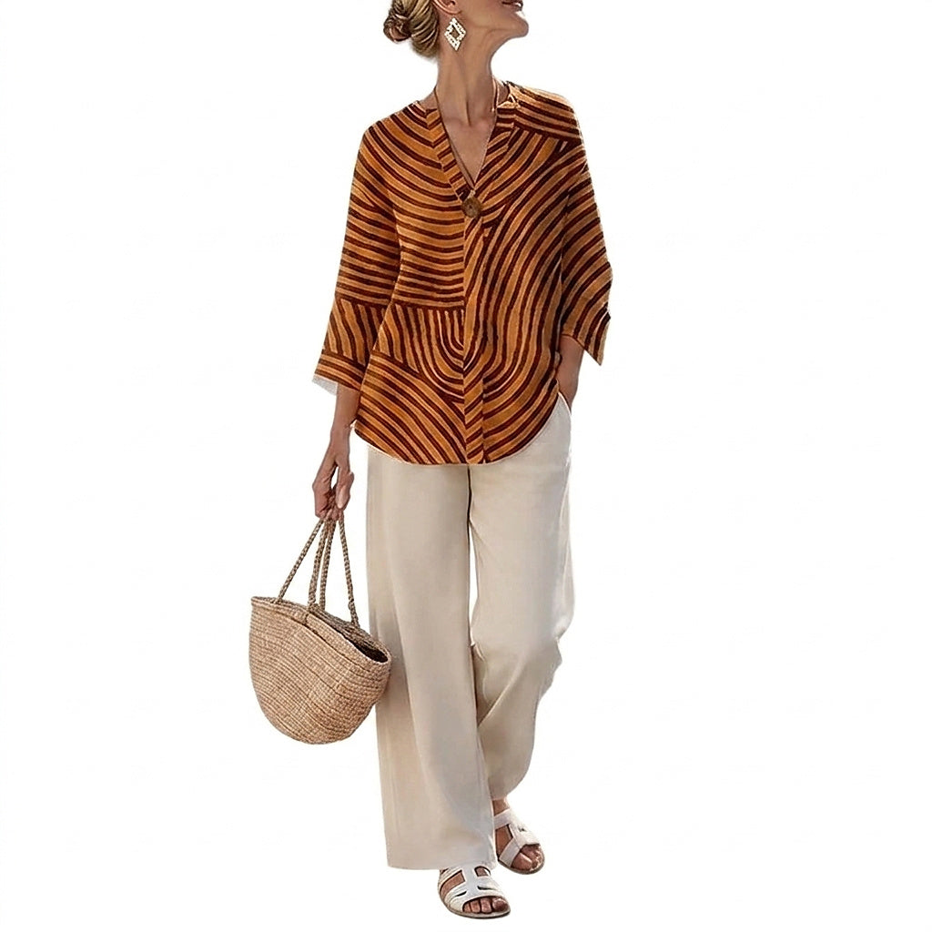 Women’s Striped Blouse and Wide Leg Trousers Set Chocolate