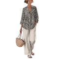 Women’s Striped Blouse and Wide Leg Trousers Set Khaki