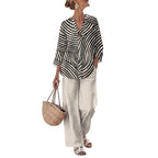 Women’s Striped Blouse and Wide Leg Trousers Set Khaki
