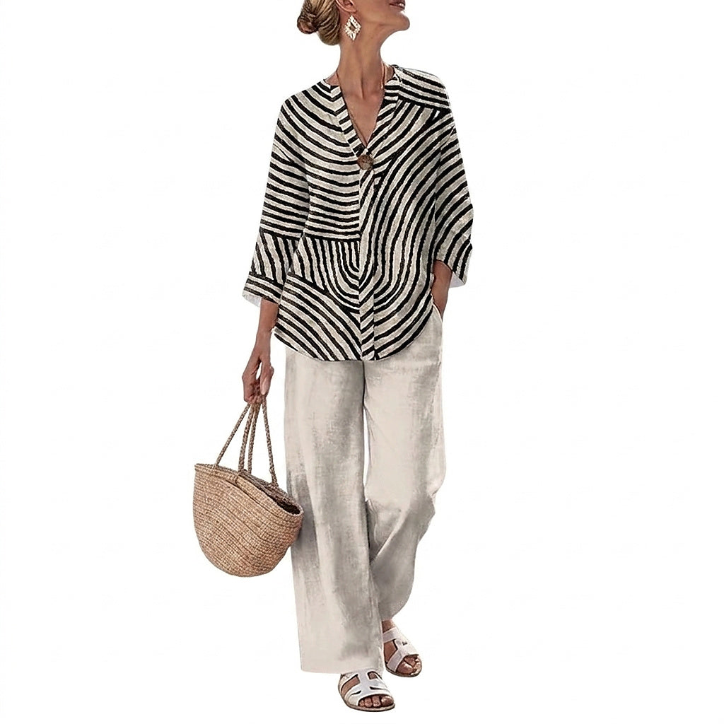 Women’s Striped Blouse and Wide Leg Trousers Set Khaki