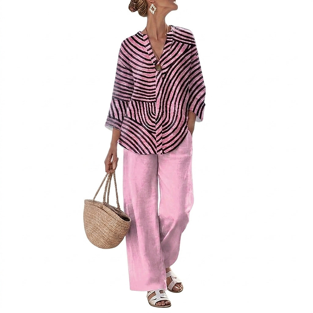 Women’s Striped Blouse and Wide Leg Trousers Set Pink