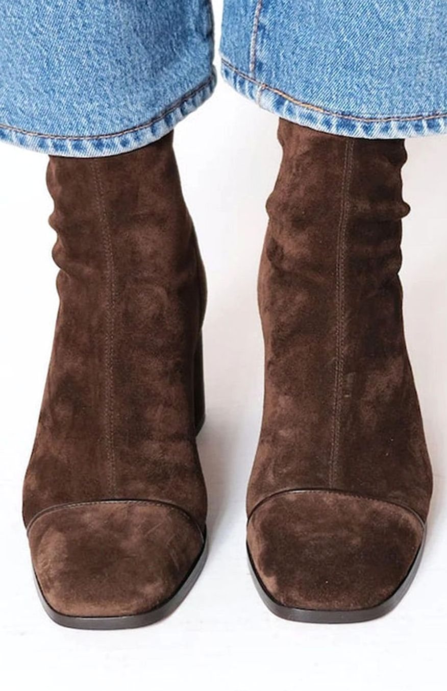 Women’s Suede Ankle Boots with Block Heel Dark Brown