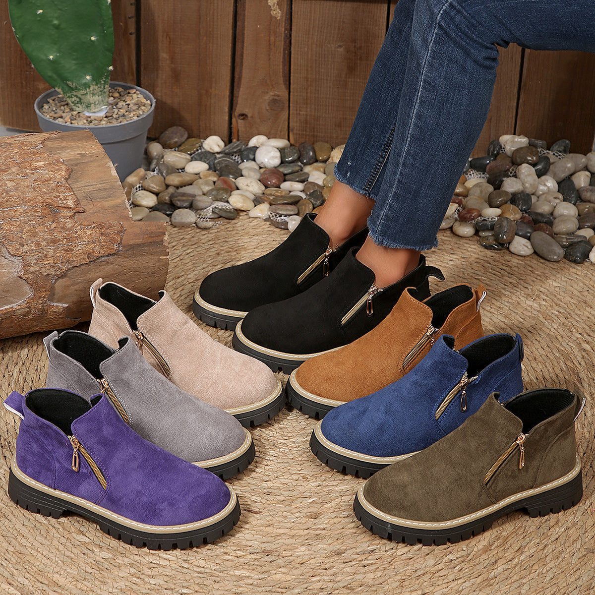 Women’s Suede Ankle Boots with Side Zippers and Lug Soles 3