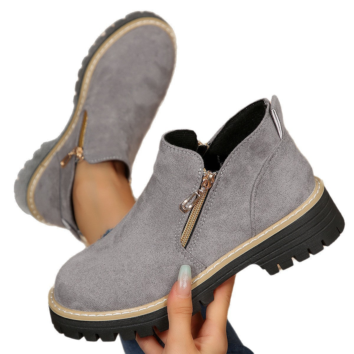 Women’s Suede Ankle Boots with Side Zippers and Lug Soles 4