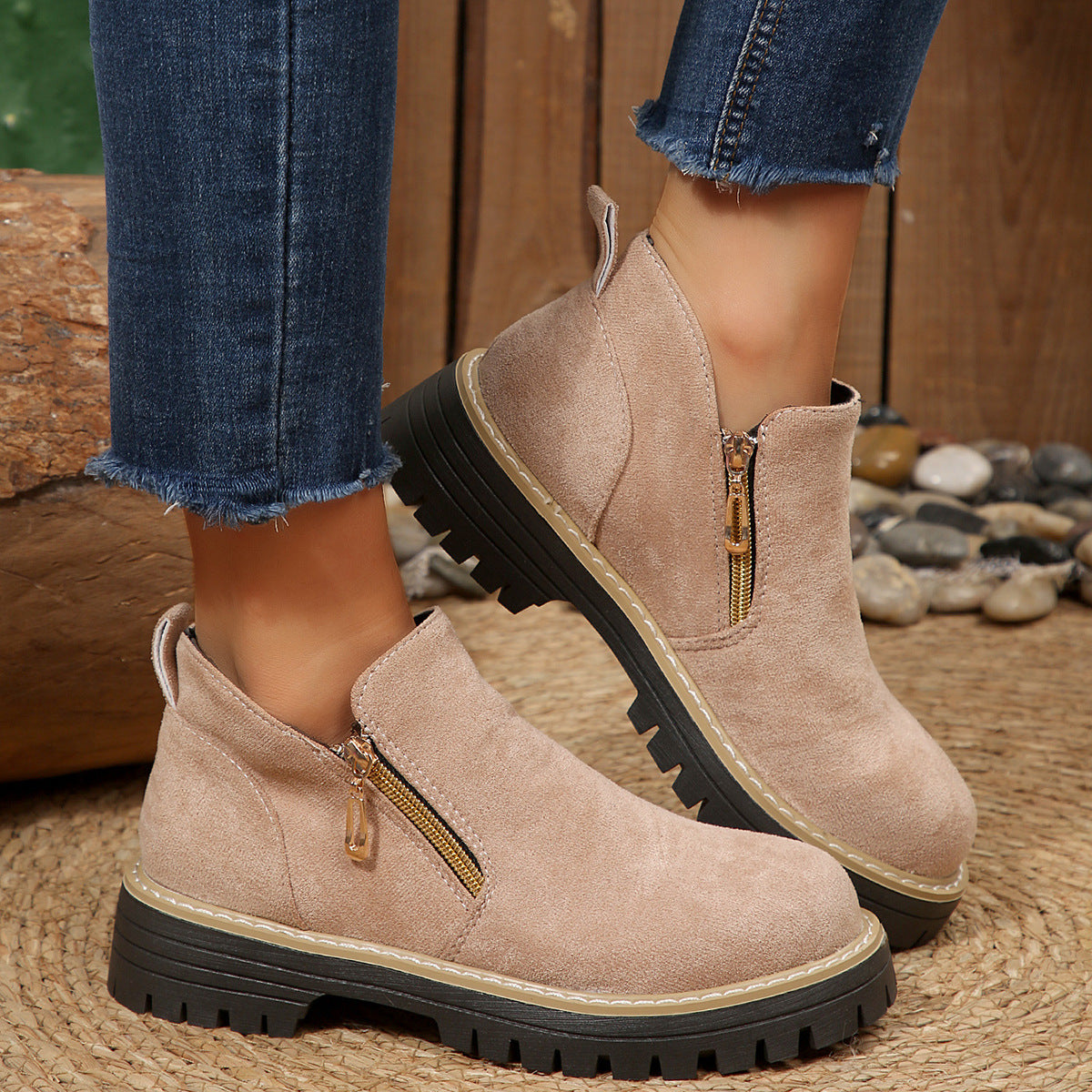 Women’s Suede Ankle Boots with Side Zippers and Lug Soles Beige