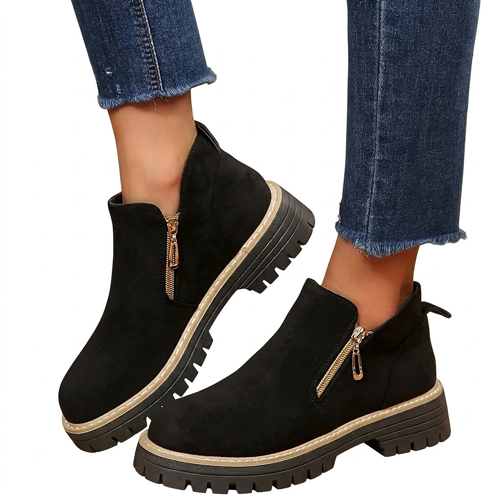 Women’s Suede Ankle Boots with Side Zippers and Lug Soles Black
