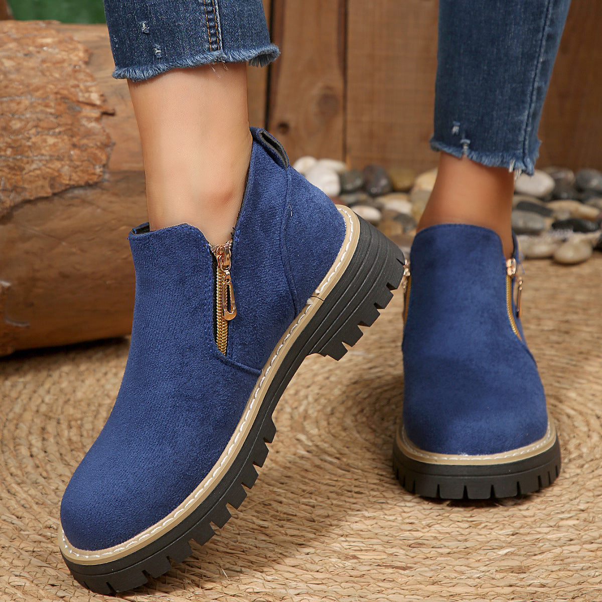 Women’s Suede Ankle Boots with Side Zippers and Lug Soles Blue
