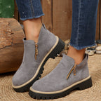Women’s Suede Ankle Boots with Side Zippers and Lug Soles Gray