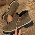 Women’s Suede Ankle Boots with Side Zippers and Lug Soles Khaki