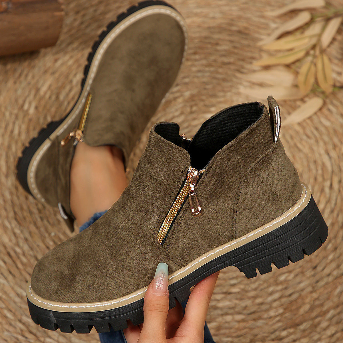 Women’s Suede Ankle Boots with Side Zippers and Lug Soles Khaki