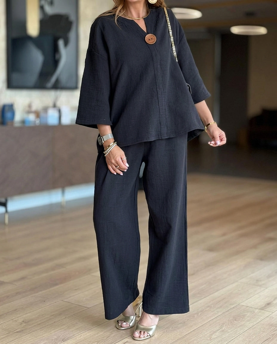 Women’s Two-Piece Tunic and Wide Leg Trouser Set Black