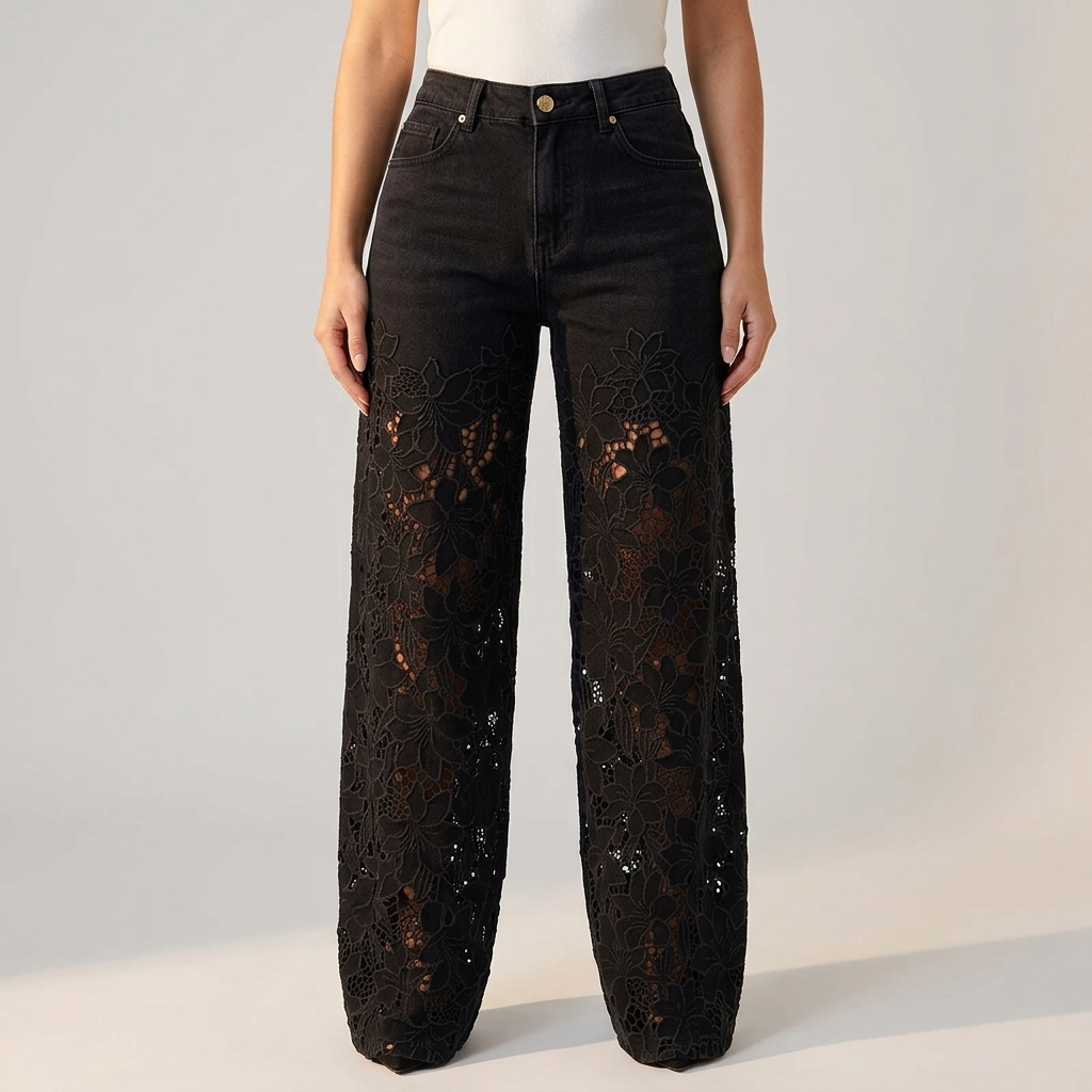 Women’s Wide Leg Jeans with Floral Lace Cutouts Black