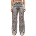 Women’s Wide Leg Jeans with Floral Lace Cutouts Grey