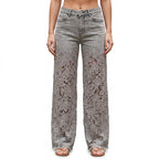 Women’s Wide Leg Jeans with Floral Lace Cutouts Grey