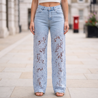 Women’s Wide Leg Jeans with Floral Lace Cutouts Light Blue