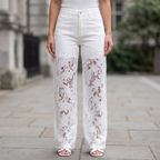 Women’s Wide Leg Jeans with Floral Lace Cutouts White