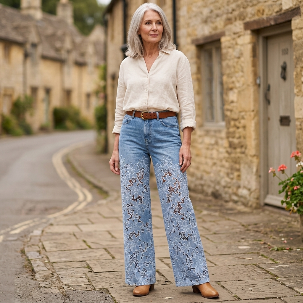 Women’s Wide Leg Jeans with Floral Lace Cutouts