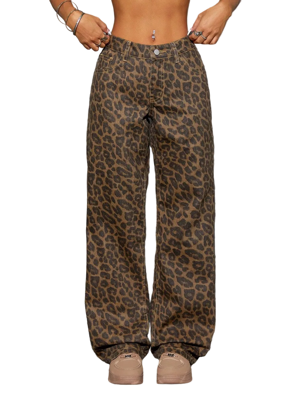 Women’s Wide Leg Leopard Print Jeans Brown