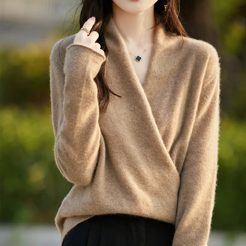 Women’s Wrap Front Long Sleeve Knit Sweater Beige