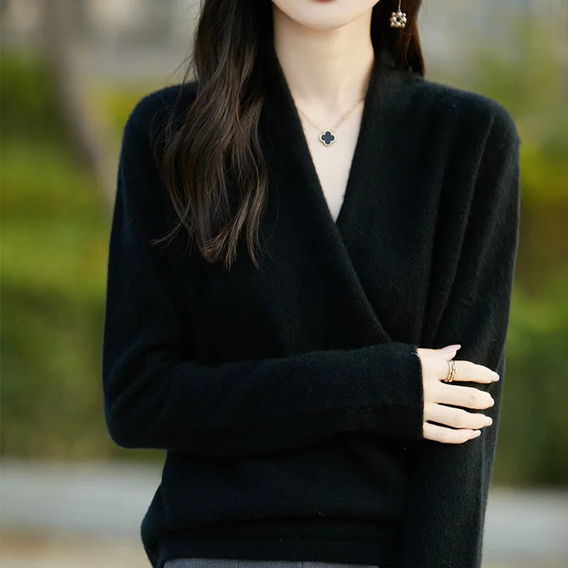 Women’s Wrap Front Long Sleeve Knit Sweater Black