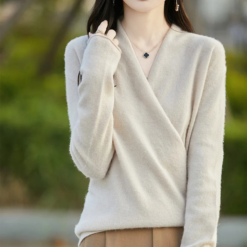 Women’s Wrap Front Long Sleeve Knit Sweater Cream