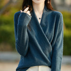 Women’s Wrap Front Long Sleeve Knit Sweater Granite Blue