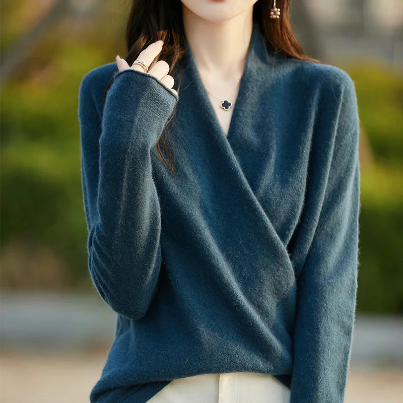 Women’s Wrap Front Long Sleeve Knit Sweater Granite Blue