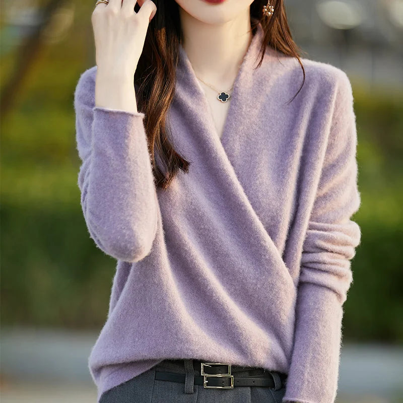 Women’s Wrap Front Long Sleeve Knit Sweater Lavender
