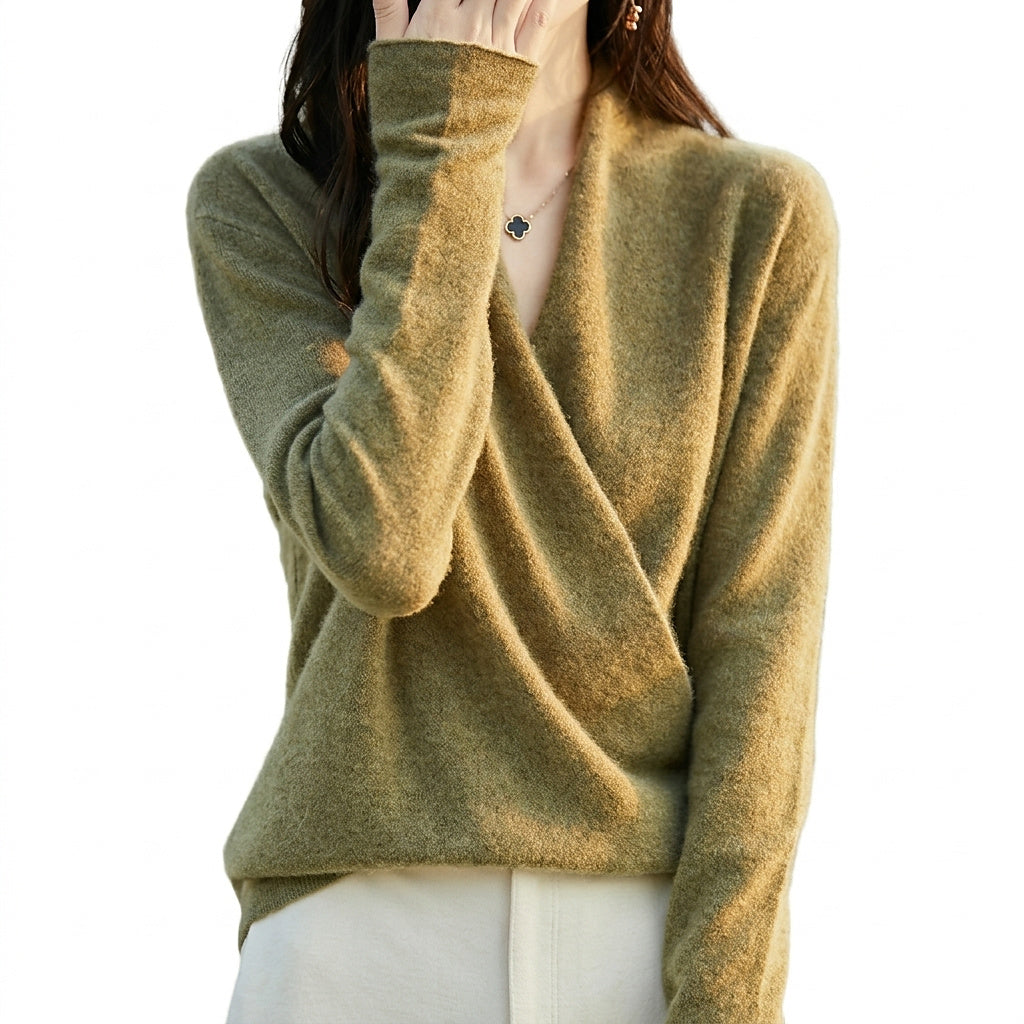 Women’s Wrap Front Long Sleeve Knit Sweater Olive Green